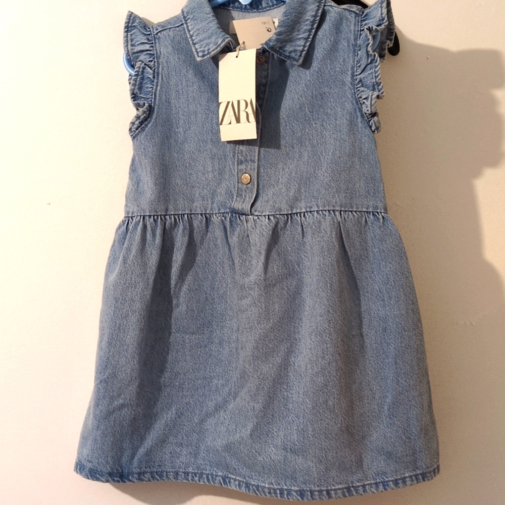 Zara Light Blue Denim Cotton Collar Open Front Top Dress/Headband 3-4 Years. - Picture 3 of 6